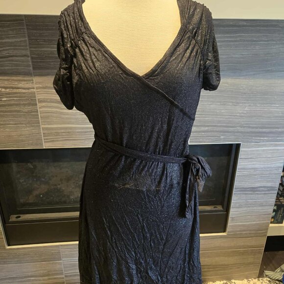 NWT [R] Petites XL Black Shimmer Faux Wrap V-Neck Mini Dress - Picture 1 of 3